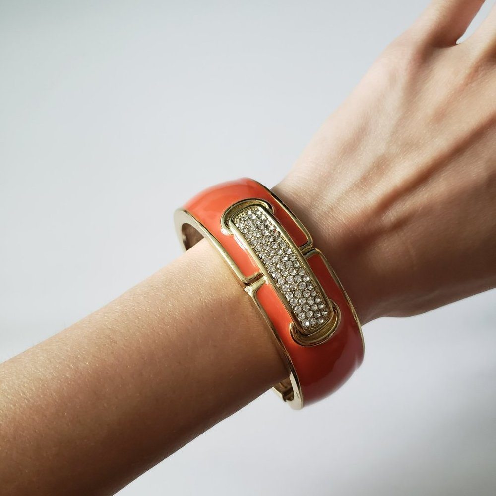 Orange Enamel Gold Toned Rhinestone Bangle Bracelet